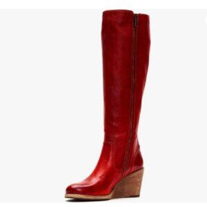 FSJ Red Comfy Buckle Zipper Wedge Heels Closed Point Toe Fancy Pull On Boots